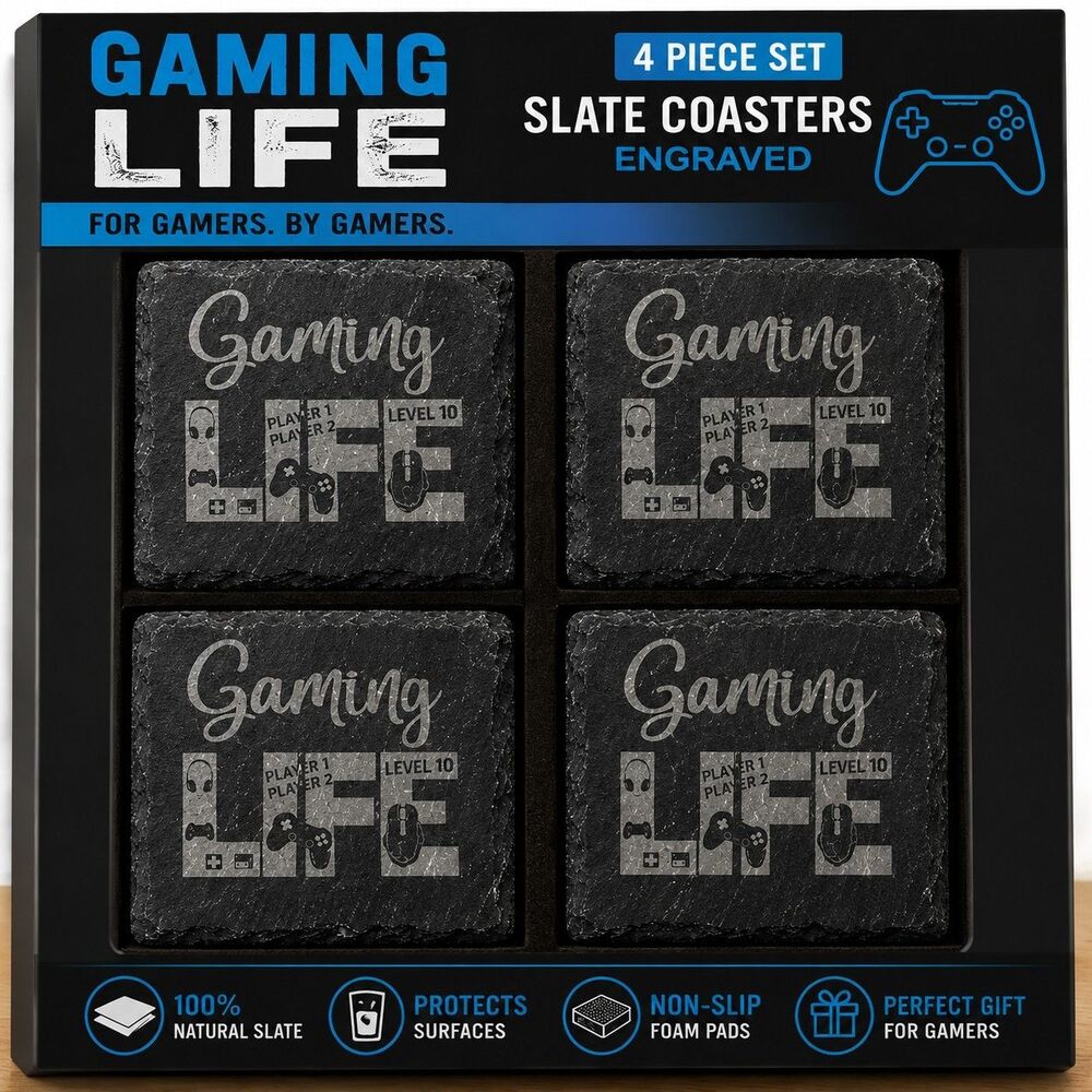 4 Pc Gaming Life Slate Coasters Engraved Gamer Player 1 Player 2 Level 10